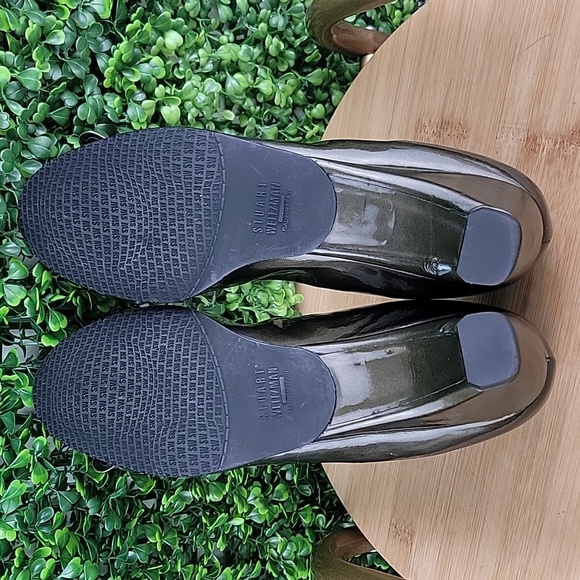 Stuart Weitzman Bowends Patent Leather RoundToe Wedge Heel Shoe Olive Green 8SS - Picture 9 of 14